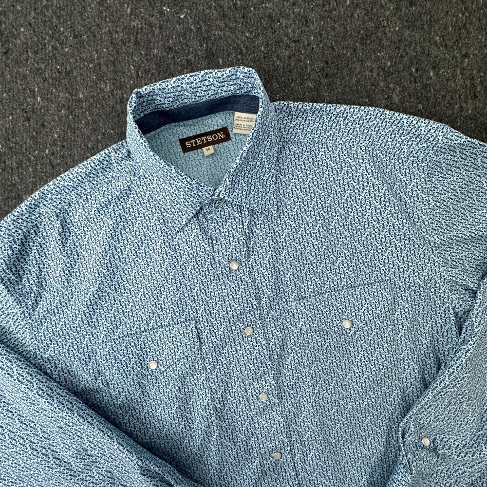 Stetson Mens M Blue Fleur De Lis Scroll Print Western Pearl Snap Cowboy Shirt